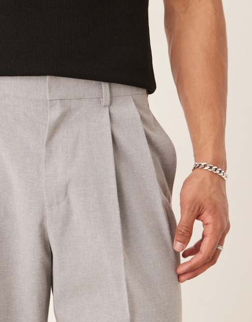 ASOS DESIGN - Elegante grå bukser i hørblanding med brede ben og dobbelte plisseringer - Del af sæt, 4 af 5
