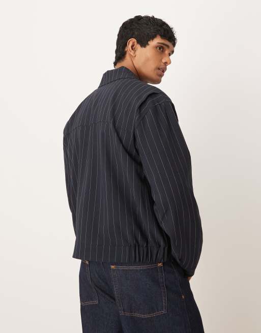ASOS DESIGN – Elegante Harrington-Jacke in Marineblau mit Nadelstreifen, 3 von 5