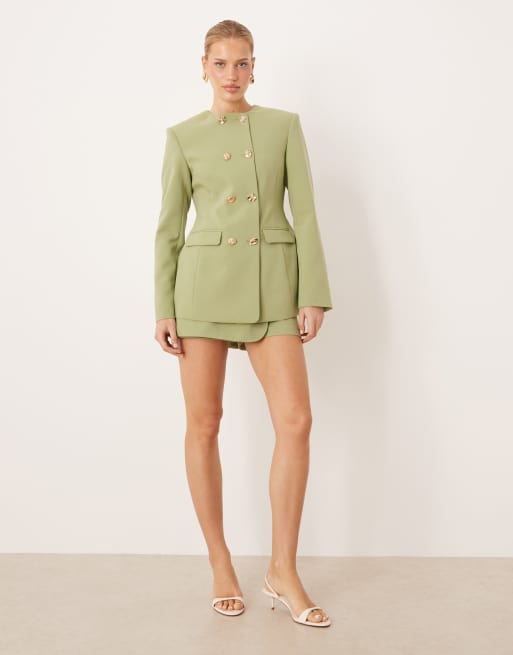ASOS DESIGN - Elegante hoogsluitende double breasted blazer met gemengde knopen in kaki, 2 van 4