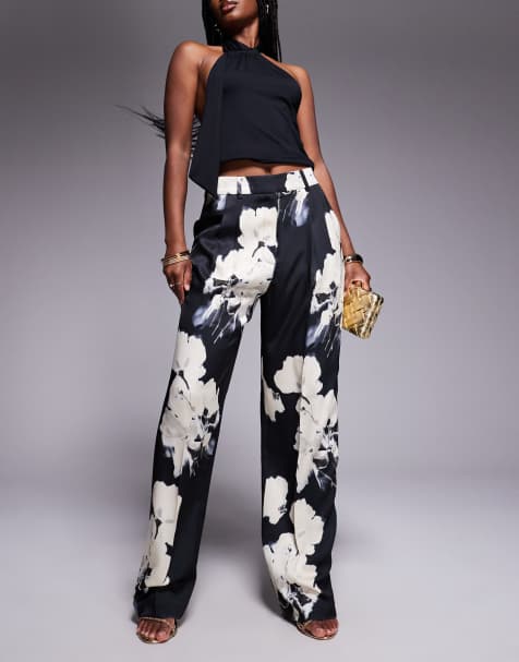 ASOS DESIGN – Elegante Hose aus Satin mit weitem Bein und Blumenmuster - view 1