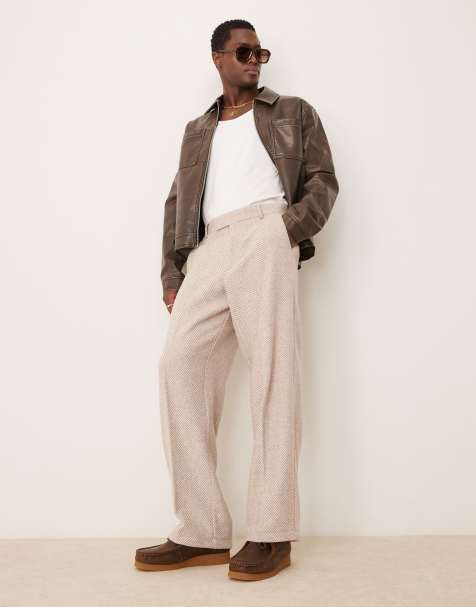ASOS DESIGN – Elegante Hose aus Wollmischgewebe in Steinbeige mit weitem Bein und Fischgrätmuster - view 1