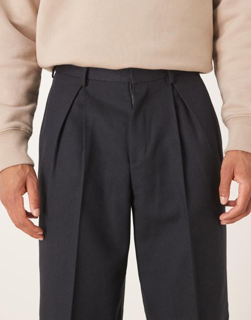 ASOS DESIGN – Elegante Hose aus Wollmix mit weitem Bein und Kellerfalte in Marineblau mit Fischgrätmuster, 5 von 5