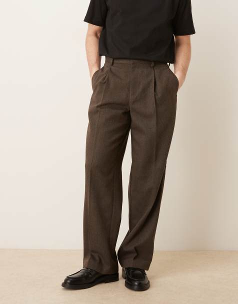ASOS DESIGN – Elegante Hose in Braun mit Fischgrätmuster, Bundfalten, weitem Bein und Wollanteil - view 1