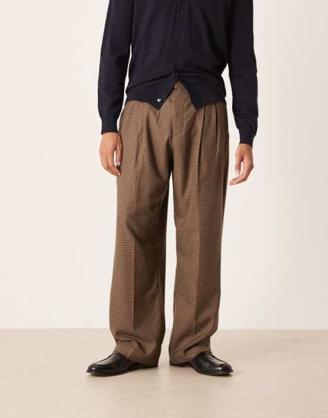 ASOS DESIGN – Elegante Hose in Braun mit Hahnentrittmuster, weitem Schnitt und halb-elastischem Bund - view 1
