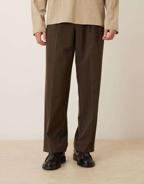 ASOS DESIGN – Elegante Hose in Braun mit sichtbarem Knopfverschluss, weitem Bein und doppelten Bügelfalten - view 1