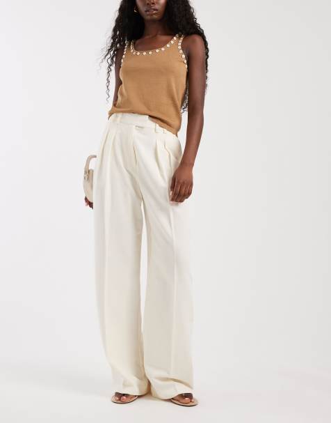 ASOS DESIGN – Elegante Hose in elfenbeinweißer Leinenoptik mit weitem Bein und Bundfalten - view 1