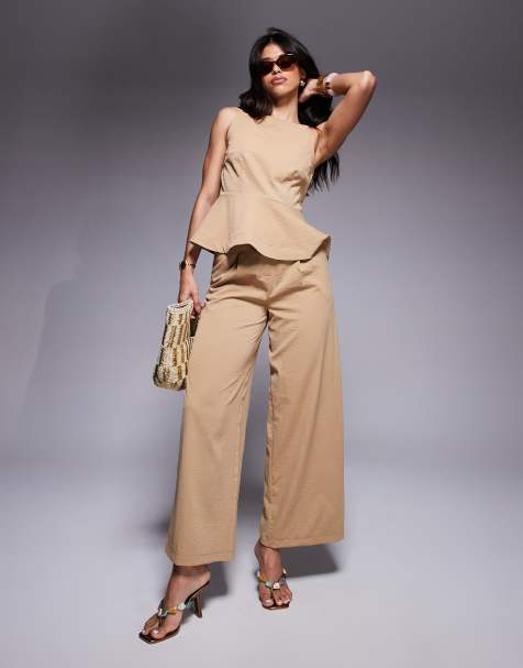 ASOS DESIGN – Elegante Hose in Hellbraun mit weitem Bein, Kombiteil - view 1