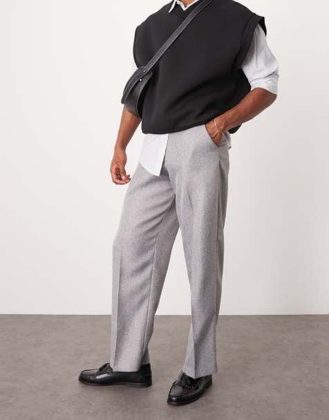 ASOS DESIGN – Elegante Hose in Hellgrau mit weitem Bein und Fischgrätmuster - view 1