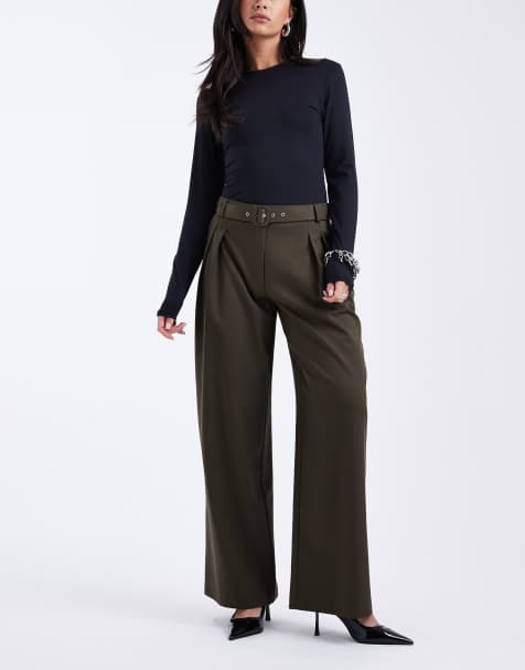 ASOS DESIGN – Elegante Hose in Olivgrün mit weitem Bein und Gürtel - view 1