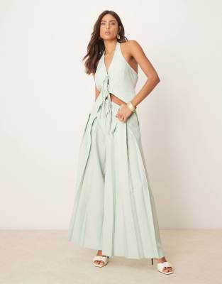 ASOS DESIGN - Elegante Hose in Pistazie mit extraweitem Bein und Bundfalten, Kombiteil-Blau