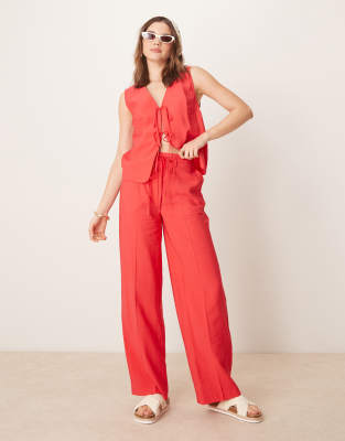 ASOS DESIGN - Elegante Hose in roter Leinenoptik mit geradem Bein, Kombiteil
