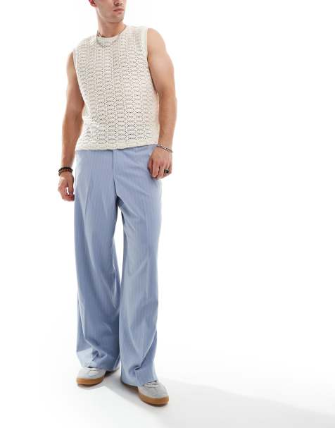 ASOS DESIGN – Elegante Hose in Staubblau mit lockerem Bein und Nadelstreifen - view 1