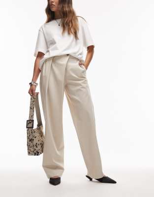 ASOS DESIGN - Elegante Hose in Stein mit weitem Bein und Wickelbund-Neutral