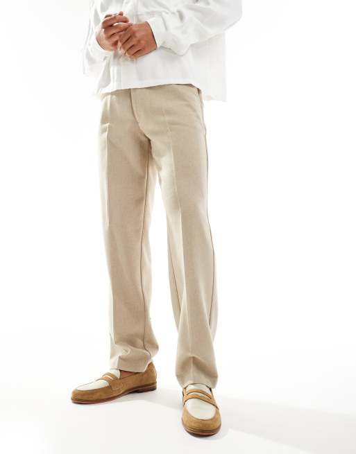 ASOS DESIGN – Elegante Hose in Steinbeige mit geradem Bein, Wollanteil und Fischgrätmuster