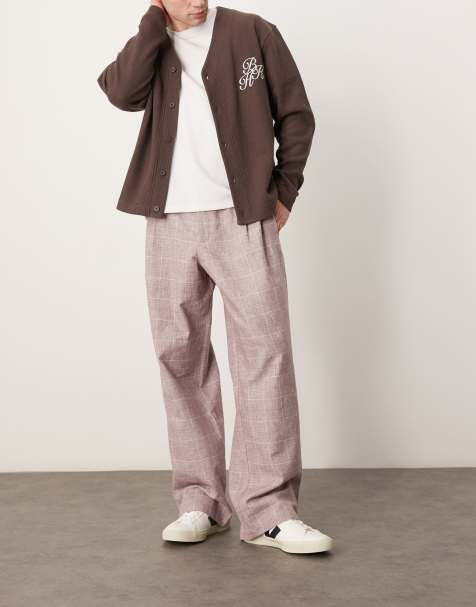 ASOS DESIGN – Elegante Hose in verblasstem Burgunderrot mit weitem Bein und strukturiertem Karomuster - view 1