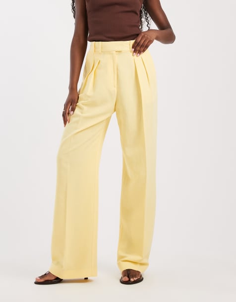 ASOS DESIGN – Elegante Hose in zartgelber Leinenoptik mit weitem Bein und Bundfalten - view 1