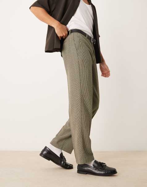 ASOS DESIGN – Elegante Hose mit geradem Schnitt aus Wollmix in Dunkelgrün mit kleinem Hahnentrittmuster - view 1