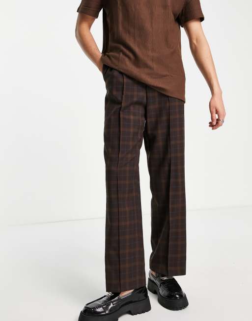 ASOS DESIGN – Elegante Hose mit weitem Bein und Karomuster mit braunem Detail und Tunnelzug