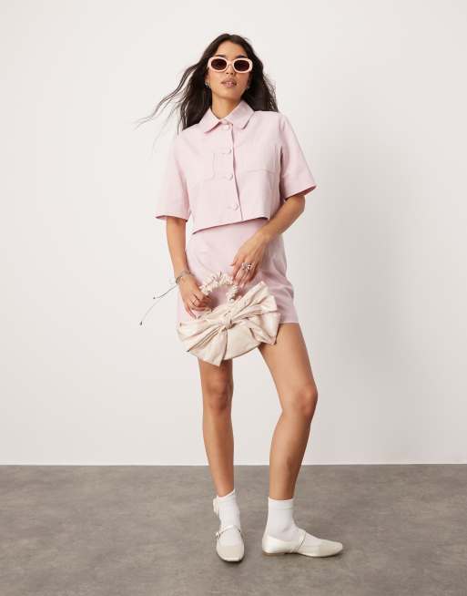 ASOS DESIGN – Elegante Jacke und Minirock in rosafarbenem Leinen-Look als Set