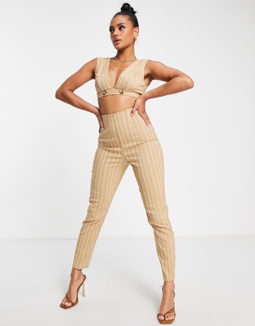 ASOS DESIGN - Elegante jumpsuit in camel met krijtstreep, deel van co-ord set