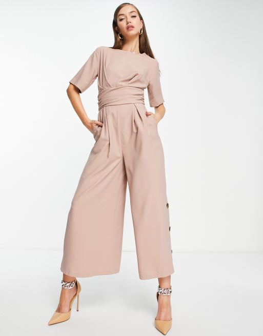 ASOS DESIGN - Elegante jumpsuit met wijde pijpen en overslag in wazig roze
