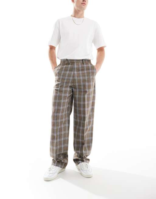 ASOS DESIGN – Elegante, karierte Hose in Braun mit weitem Bein