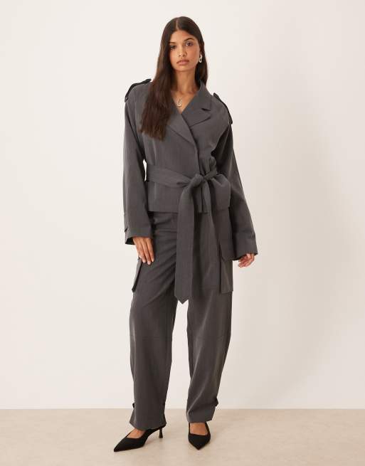 ASOS DESIGN - Elegante korte zachte trenchcoat in donkergrijs, deel van co-ord set, 3 van 4