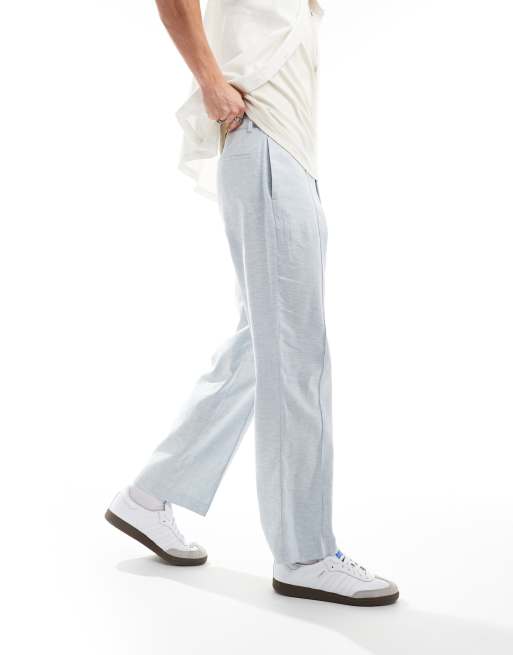 ASOS Design – Elegante Leinenhose in Hellblau mit Fischgrätmuster, hohem Bund und weitem Bein