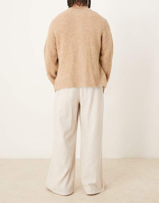 ASOS DESIGN loose fit dress pants with wide waistband and linen blend in neutral