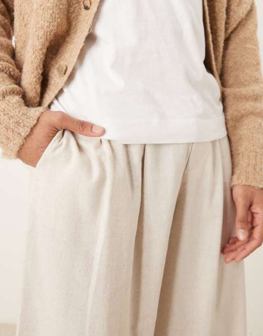 ASOS DESIGN loose fit dress pants with wide waistband and linen blend in neutral