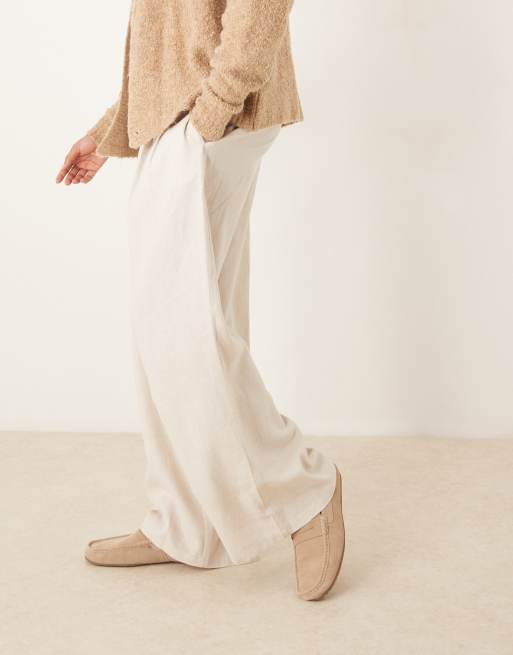 ASOS DESIGN loose fit dress pants with wide waistband and linen blend in neutral