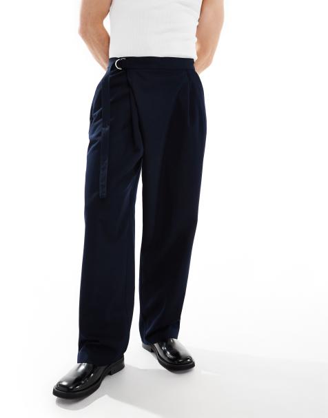 ASOS DESIGN - Elegante marineblå bukser med vidde og bælte med krydsdetalje i siden - view 1