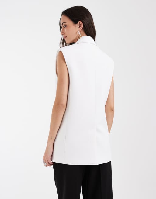 ASOS DESIGN - Elegante mouwloze double breasted blazer met schoudervullingen in wit, 3 van 4
