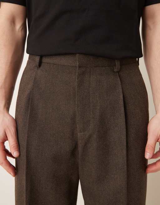 ASOS DESIGN - Elegante og plisserede brune bukser med brede ben og sildebensmønster i uldblanding, 5 af 5