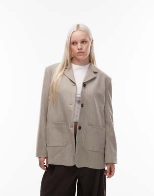 ASOS DESIGN - Elegante Oversize-Jacke mit braunem Fischgrätmuster und hoch angesetzter Knopfleiste-Brown