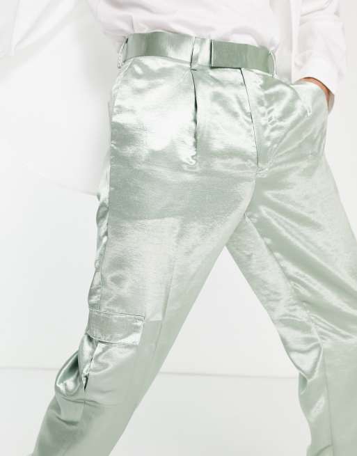 ASOS DESIGN - Elegante, oversized, tapered cargobukser i mintgrøn satin, 3 af 4