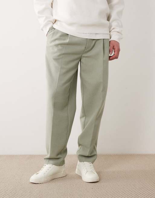 ASOS DESIGN - Elegante oversized toelopende broek van wolmix met visgraatmotief in saliegroen, 2 van 5