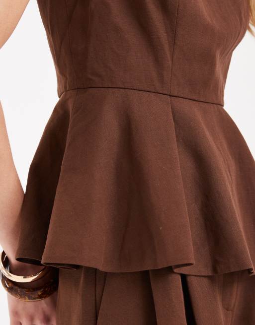 ASOS DESIGN - Elegante peplum top van linnenmix in bruin, deel van co-ord set, 3 van 4