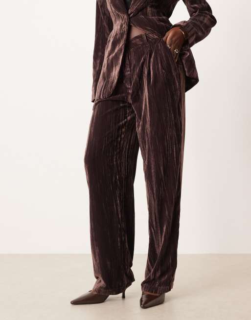 ASOS DESIGN – Elegante Samthose in Schokobraun mit hohem Bund und geradem Bein, Kombiteil, 2 von 5