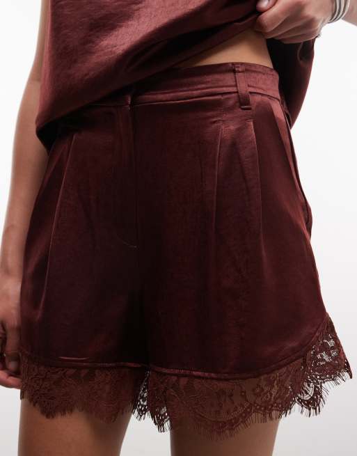 ASOS DESIGN - Elegante satijnen short met kanten rand in bruin, 2 van 5