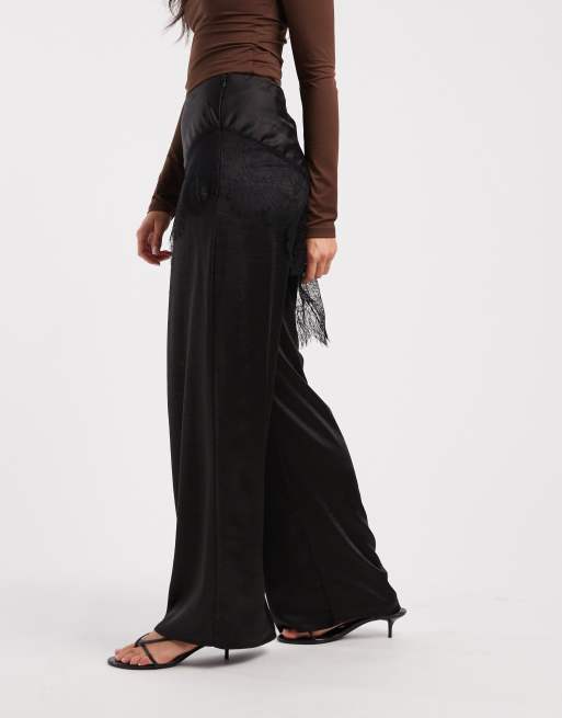 ASOS DESIGN – Elegante Satinhose in Schwarz mit weitem Bein und Rock-Overlay mit Spitzenbesatz , 2 von 5