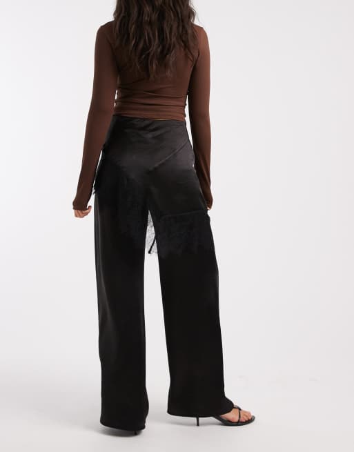 ASOS DESIGN – Elegante Satinhose in Schwarz mit weitem Bein und Rock-Overlay mit Spitzenbesatz , 3 von 5