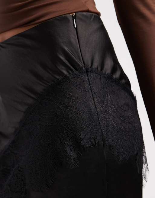 ASOS DESIGN – Elegante Satinhose in Schwarz mit weitem Bein und Rock-Overlay mit Spitzenbesatz , 4 von 5