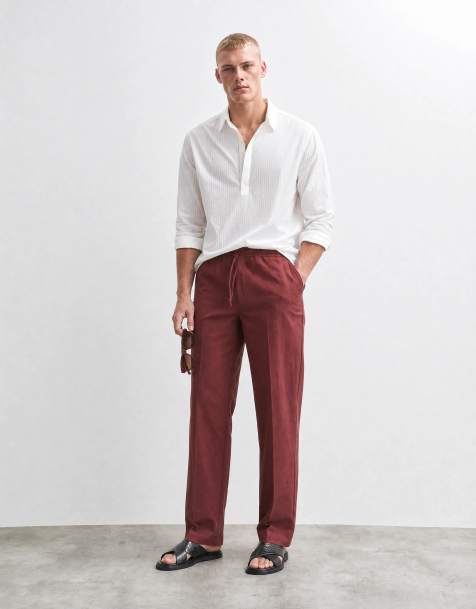 ASOS DESIGN – Elegante Schlupfhose in Burgunderrot mit hohem Leinenanteil und weitem Bein - view 1