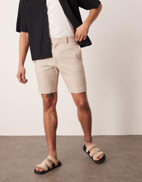 ASOS DESIGN – Elegante, schmal geschnittene Shorts aus Leinenmix in Steinbeige - view 1