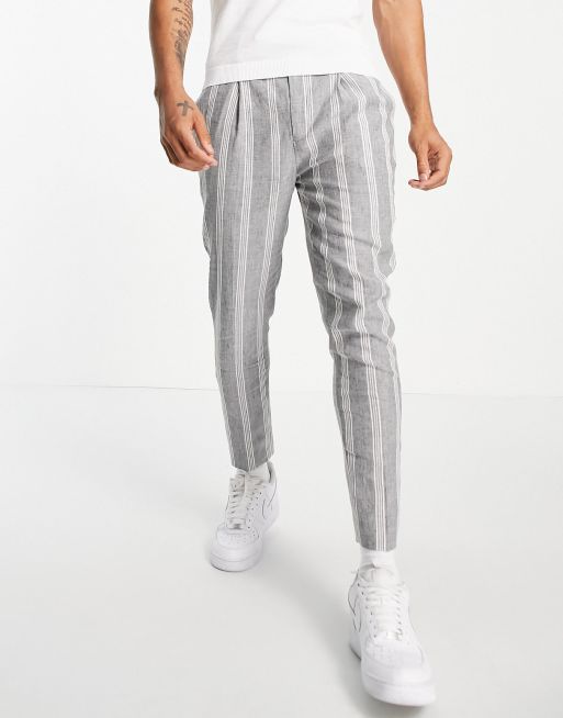 ASOS DESIGN – Elegante, schmal zulaufende Hose aus Leinenmischung in Grau gestreift