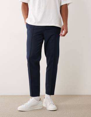 Elegante, schmal zulaufende Hose aus waschbarer Wolle in Marineblau Blau 54 Regular