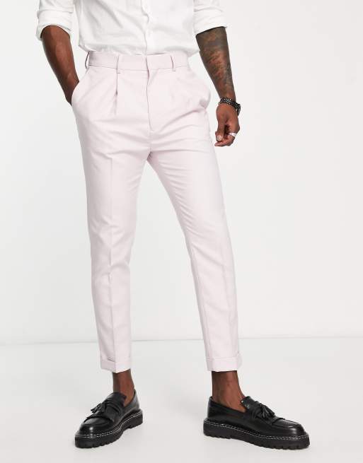 ASOS DESIGN – Elegante, schmal zulaufende Hose in Pastellrosa mit Mikrostruktur und Aufschlag