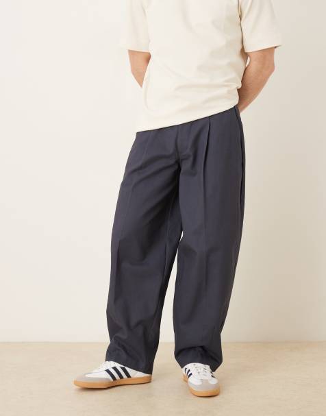 ASOS DESIGN – Elegante, schwere Hose aus 100% Baumwolle in Marineblau mit abgerundetem, weitem Beinschnitt - view 1