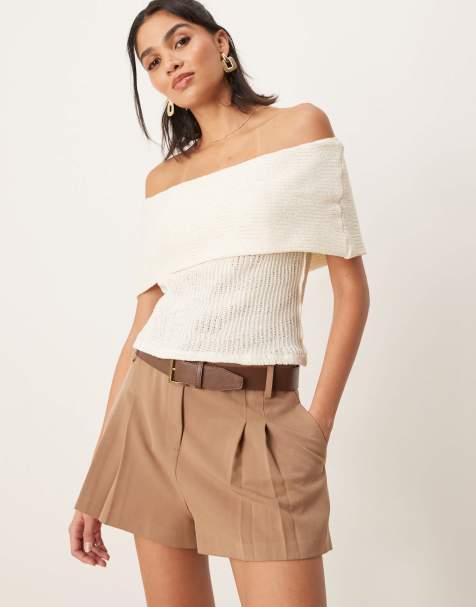 ASOS DESIGN - Elegante short met hoge taille en riem van imitatieleer in mokka - view 1